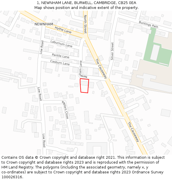 1, NEWNHAM LANE, BURWELL, CAMBRIDGE, CB25 0EA: Location map and indicative extent of plot