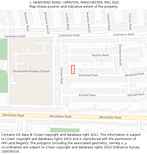 1, NEWSTEAD ROAD, URMSTON, MANCHESTER, M41 0QQ: Location map and indicative extent of plot