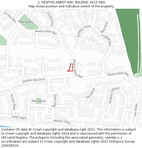 1, NEWTON ABBOT WAY, BOURNE, PE10 0WS: Location map and indicative extent of plot