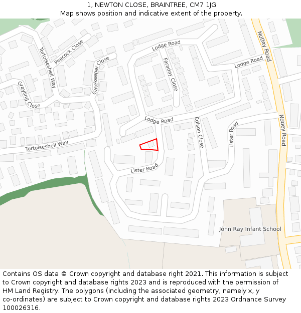 1, NEWTON CLOSE, BRAINTREE, CM7 1JG: Location map and indicative extent of plot