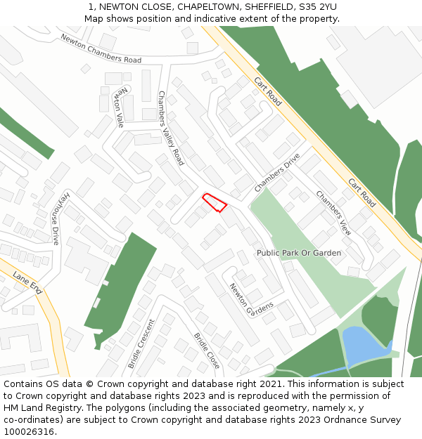 1, NEWTON CLOSE, CHAPELTOWN, SHEFFIELD, S35 2YU: Location map and indicative extent of plot