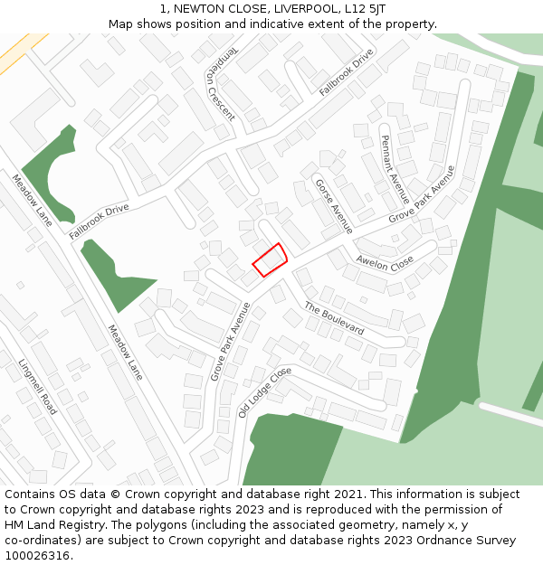 1, NEWTON CLOSE, LIVERPOOL, L12 5JT: Location map and indicative extent of plot