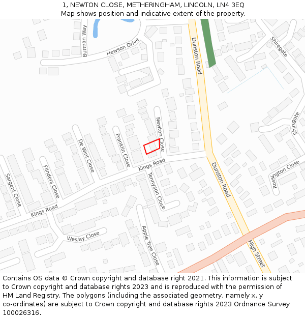 1, NEWTON CLOSE, METHERINGHAM, LINCOLN, LN4 3EQ: Location map and indicative extent of plot
