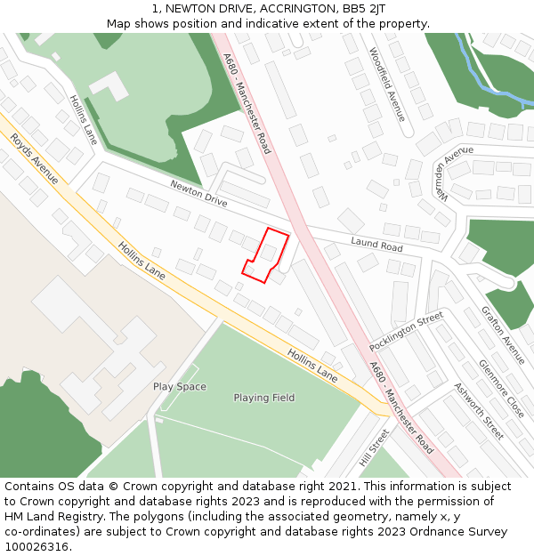 1, NEWTON DRIVE, ACCRINGTON, BB5 2JT: Location map and indicative extent of plot