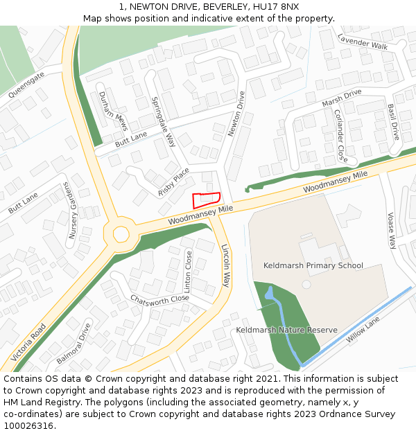 1, NEWTON DRIVE, BEVERLEY, HU17 8NX: Location map and indicative extent of plot