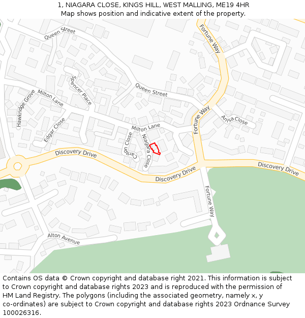 1, NIAGARA CLOSE, KINGS HILL, WEST MALLING, ME19 4HR: Location map and indicative extent of plot