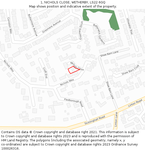 1, NICHOLS CLOSE, WETHERBY, LS22 6GQ: Location map and indicative extent of plot