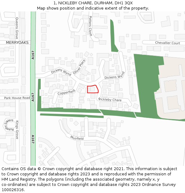 1, NICKLEBY CHARE, DURHAM, DH1 3QX: Location map and indicative extent of plot