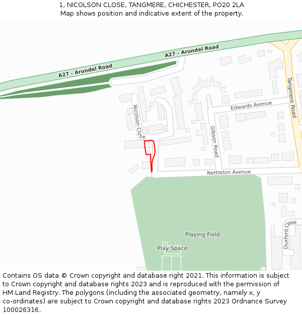 1, NICOLSON CLOSE, TANGMERE, CHICHESTER, PO20 2LA: Location map and indicative extent of plot