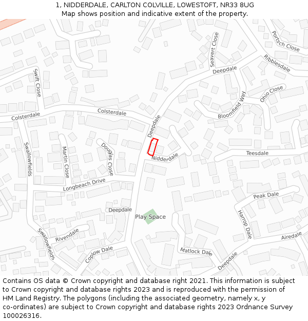 1, NIDDERDALE, CARLTON COLVILLE, LOWESTOFT, NR33 8UG: Location map and indicative extent of plot
