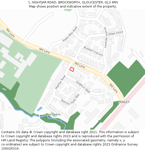 1, NIGHTJAR ROAD, BROCKWORTH, GLOUCESTER, GL3 4RN: Location map and indicative extent of plot