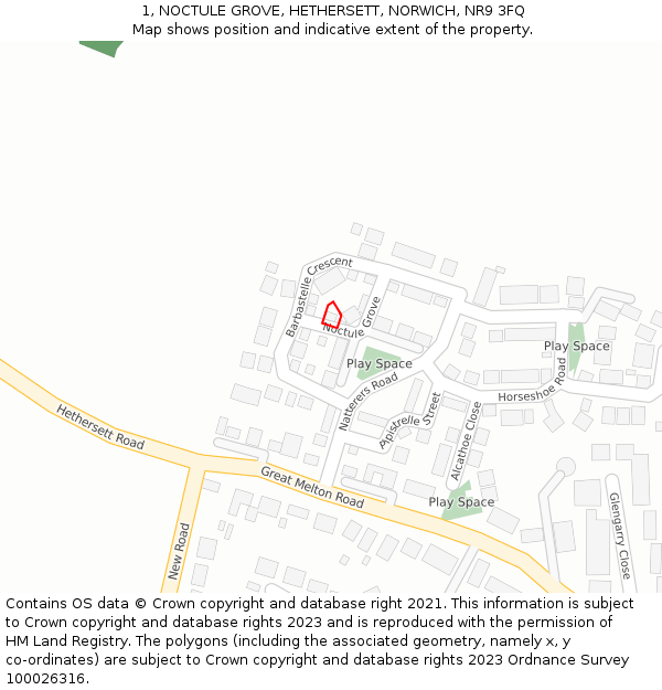 1, NOCTULE GROVE, HETHERSETT, NORWICH, NR9 3FQ: Location map and indicative extent of plot