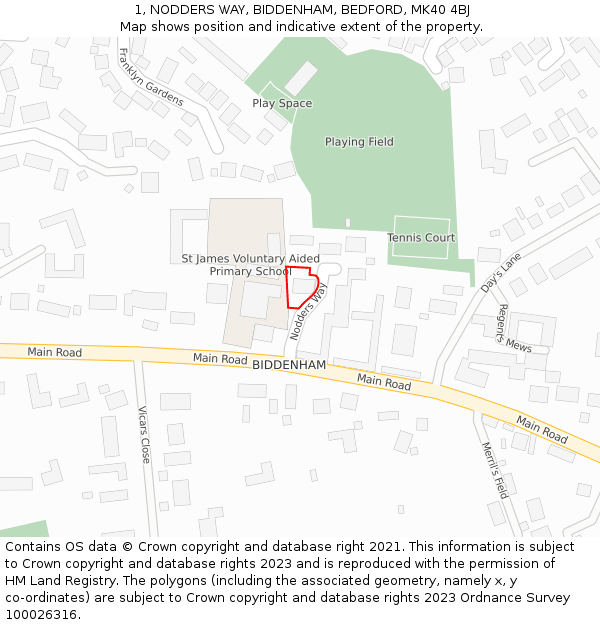 1, NODDERS WAY, BIDDENHAM, BEDFORD, MK40 4BJ: Location map and indicative extent of plot