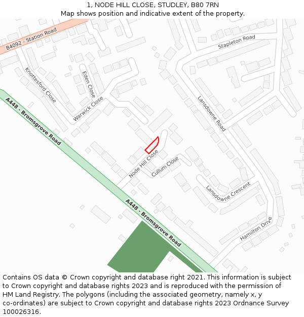 1, NODE HILL CLOSE, STUDLEY, B80 7RN: Location map and indicative extent of plot
