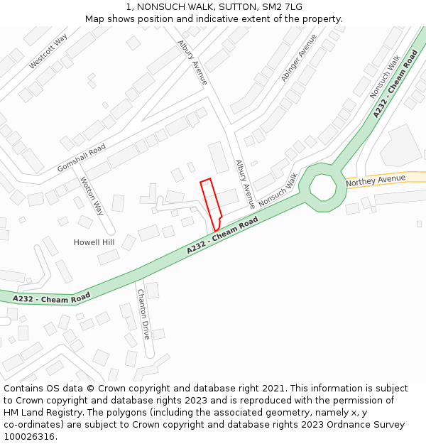 1, NONSUCH WALK, SUTTON, SM2 7LG: Location map and indicative extent of plot