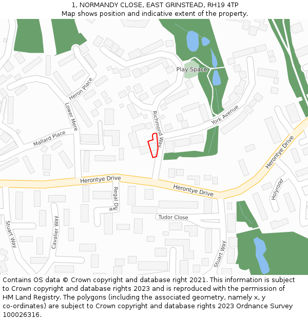 1, NORMANDY CLOSE, EAST GRINSTEAD, RH19 4TP: Location map and indicative extent of plot