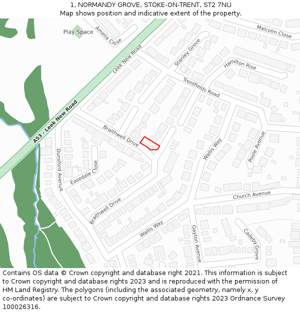 1, NORMANDY GROVE, STOKE-ON-TRENT, ST2 7NU: Location map and indicative extent of plot