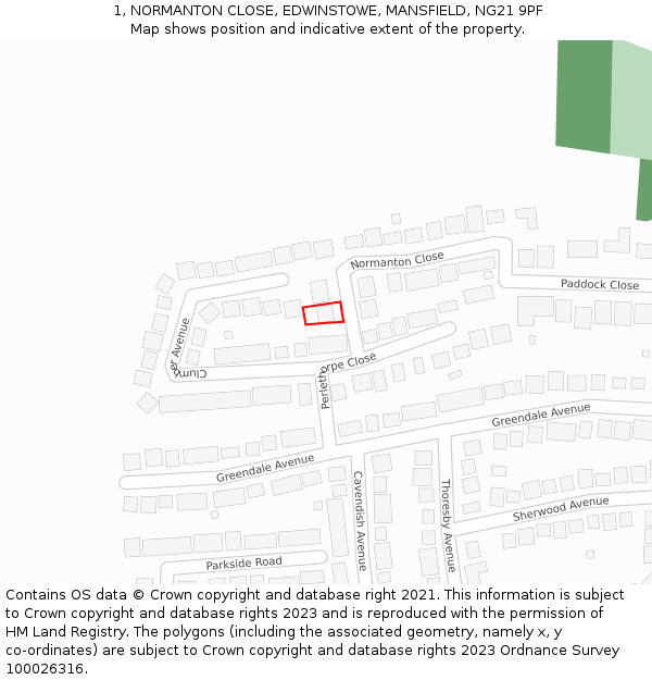1, NORMANTON CLOSE, EDWINSTOWE, MANSFIELD, NG21 9PF: Location map and indicative extent of plot