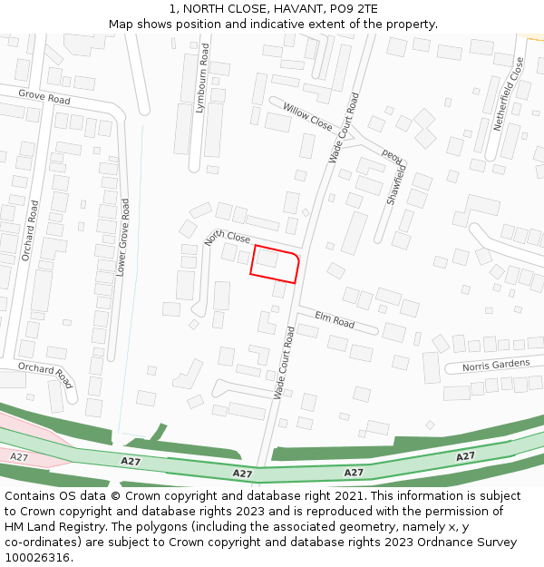 1, NORTH CLOSE, HAVANT, PO9 2TE: Location map and indicative extent of plot