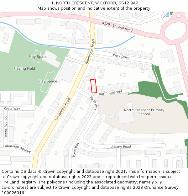 1, NORTH CRESCENT, WICKFORD, SS12 9AP: Location map and indicative extent of plot