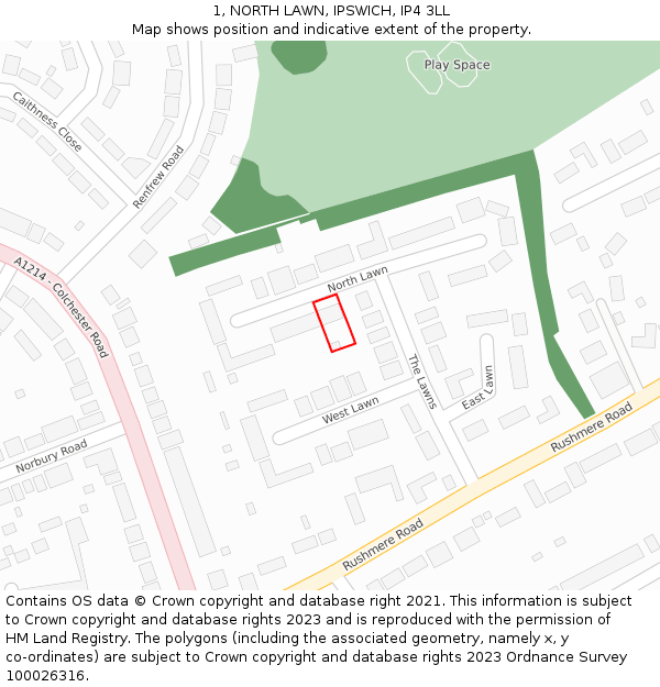 1, NORTH LAWN, IPSWICH, IP4 3LL: Location map and indicative extent of plot