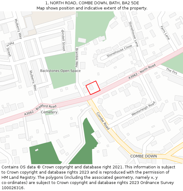 1, NORTH ROAD, COMBE DOWN, BATH, BA2 5DE: Location map and indicative extent of plot