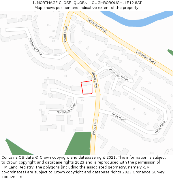 1, NORTHAGE CLOSE, QUORN, LOUGHBOROUGH, LE12 8AT: Location map and indicative extent of plot