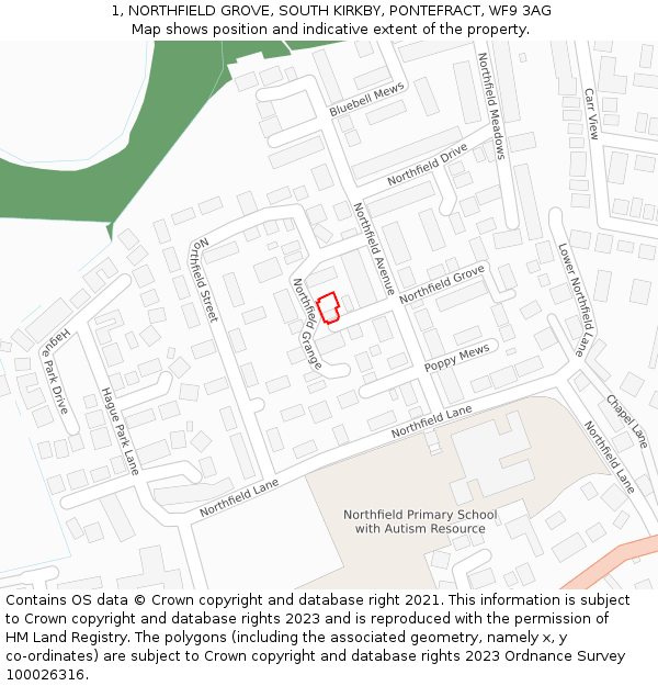 1, NORTHFIELD GROVE, SOUTH KIRKBY, PONTEFRACT, WF9 3AG: Location map and indicative extent of plot