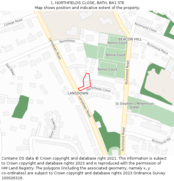 1, NORTHFIELDS CLOSE, BATH, BA1 5TE: Location map and indicative extent of plot