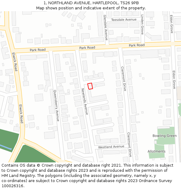 1, NORTHLAND AVENUE, HARTLEPOOL, TS26 9PB: Location map and indicative extent of plot