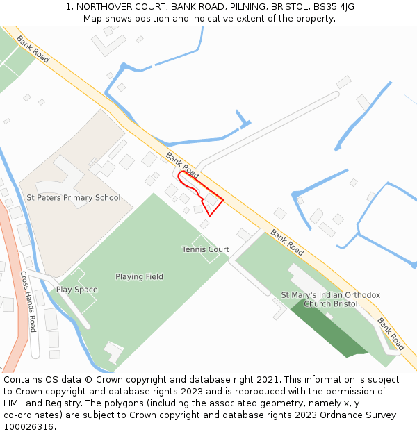 1, NORTHOVER COURT, BANK ROAD, PILNING, BRISTOL, BS35 4JG: Location map and indicative extent of plot