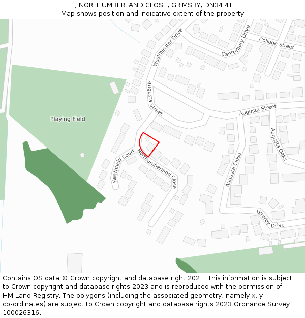 1, NORTHUMBERLAND CLOSE, GRIMSBY, DN34 4TE: Location map and indicative extent of plot