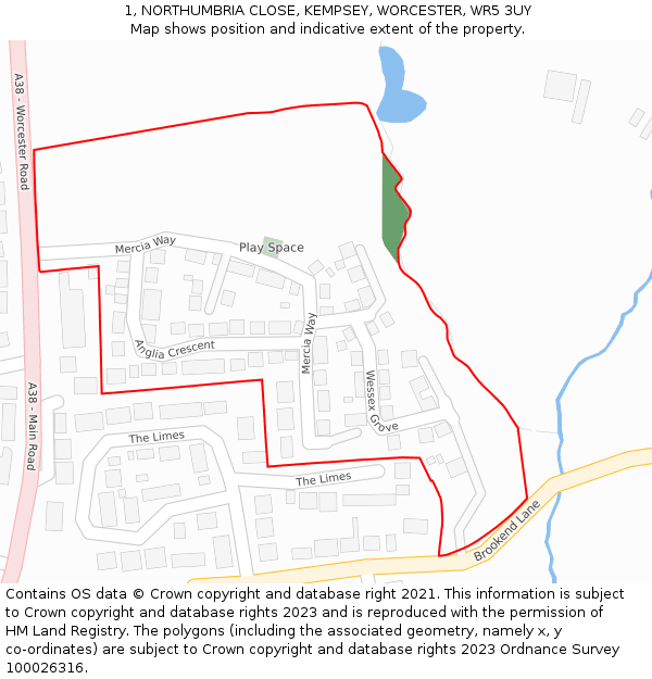 1, NORTHUMBRIA CLOSE, KEMPSEY, WORCESTER, WR5 3UY: Location map and indicative extent of plot