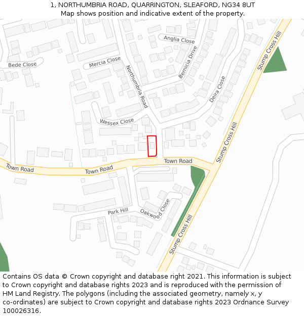 1, NORTHUMBRIA ROAD, QUARRINGTON, SLEAFORD, NG34 8UT: Location map and indicative extent of plot