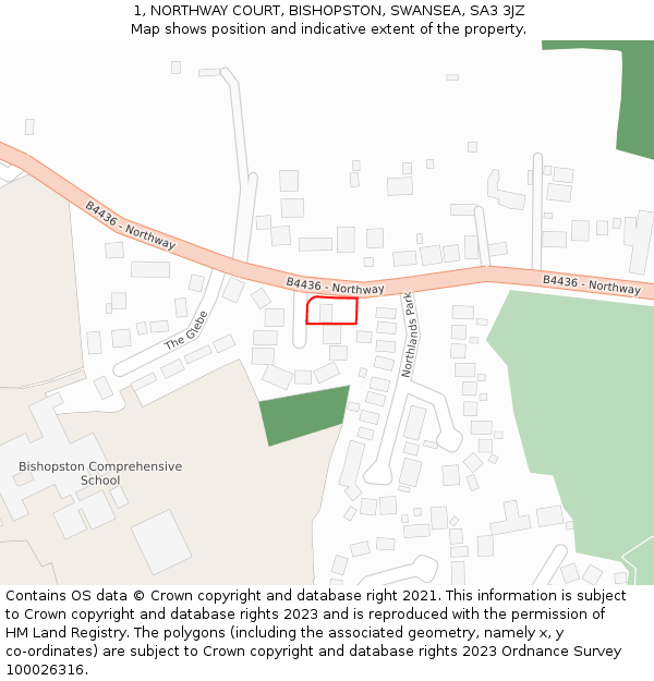 1, NORTHWAY COURT, BISHOPSTON, SWANSEA, SA3 3JZ: Location map and indicative extent of plot