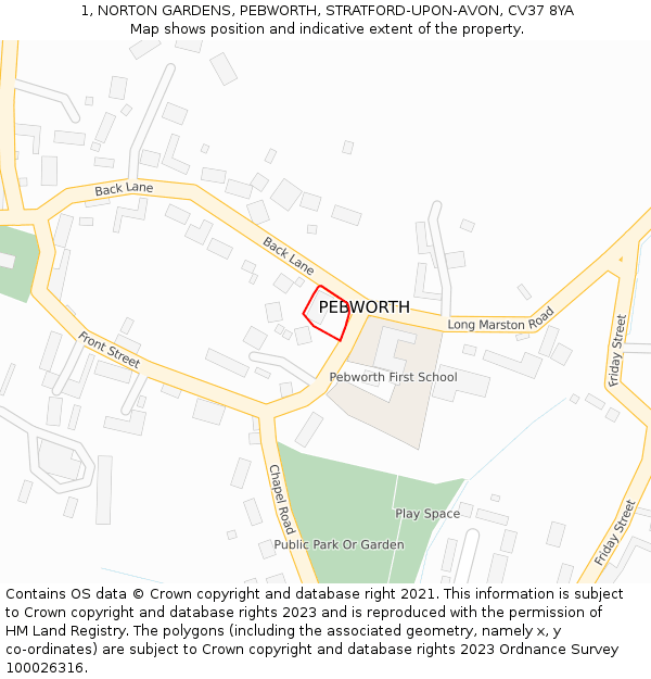 1, NORTON GARDENS, PEBWORTH, STRATFORD-UPON-AVON, CV37 8YA: Location map and indicative extent of plot