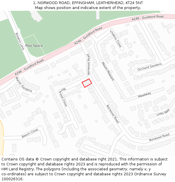 1, NORWOOD ROAD, EFFINGHAM, LEATHERHEAD, KT24 5NT: Location map and indicative extent of plot