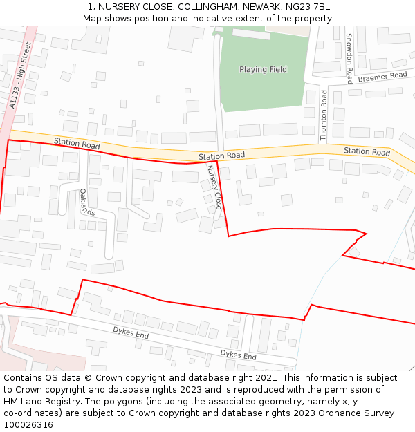 1, NURSERY CLOSE, COLLINGHAM, NEWARK, NG23 7BL: Location map and indicative extent of plot