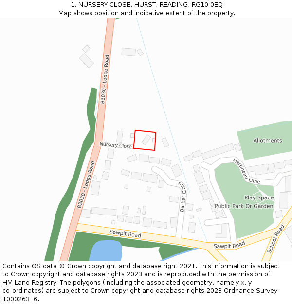1, NURSERY CLOSE, HURST, READING, RG10 0EQ: Location map and indicative extent of plot