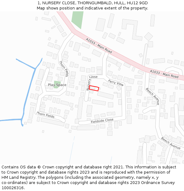 1, NURSERY CLOSE, THORNGUMBALD, HULL, HU12 9GD: Location map and indicative extent of plot