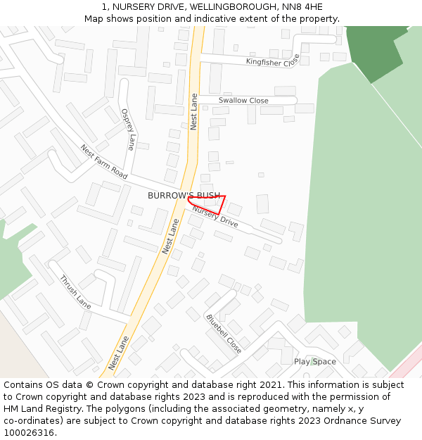 1, NURSERY DRIVE, WELLINGBOROUGH, NN8 4HE: Location map and indicative extent of plot