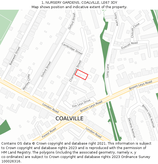 1, NURSERY GARDENS, COALVILLE, LE67 3DY: Location map and indicative extent of plot