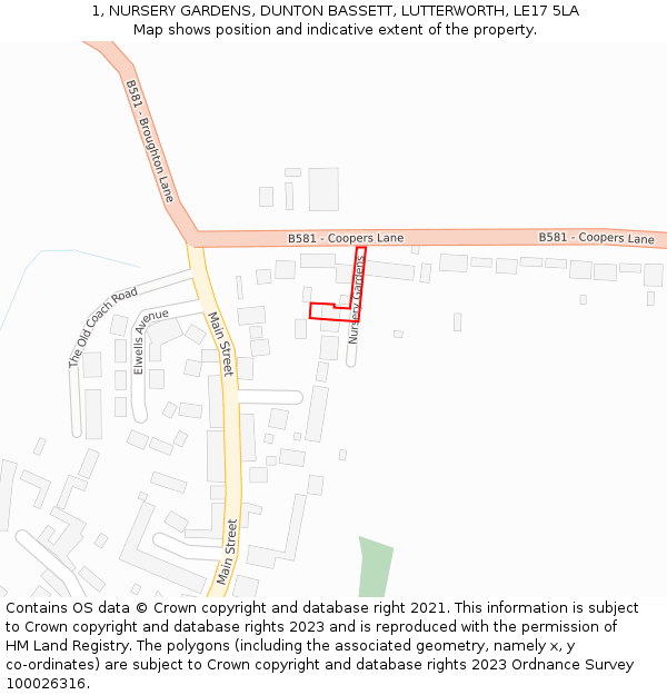 1, NURSERY GARDENS, DUNTON BASSETT, LUTTERWORTH, LE17 5LA: Location map and indicative extent of plot