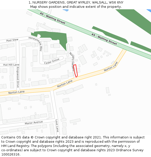 1, NURSERY GARDENS, GREAT WYRLEY, WALSALL, WS6 6NY: Location map and indicative extent of plot