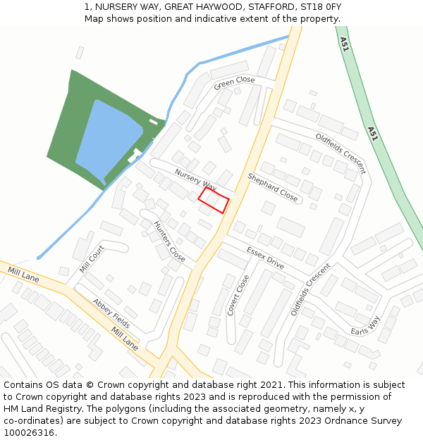 1, NURSERY WAY, GREAT HAYWOOD, STAFFORD, ST18 0FY: Location map and indicative extent of plot
