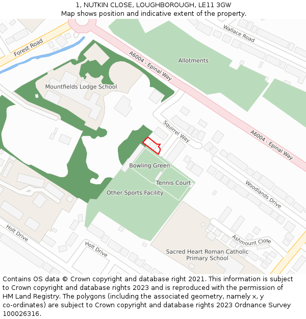 1, NUTKIN CLOSE, LOUGHBOROUGH, LE11 3GW: Location map and indicative extent of plot