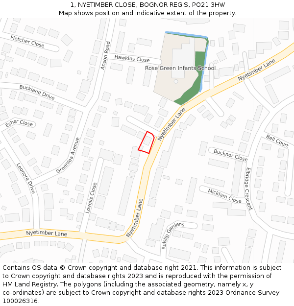 1, NYETIMBER CLOSE, BOGNOR REGIS, PO21 3HW: Location map and indicative extent of plot