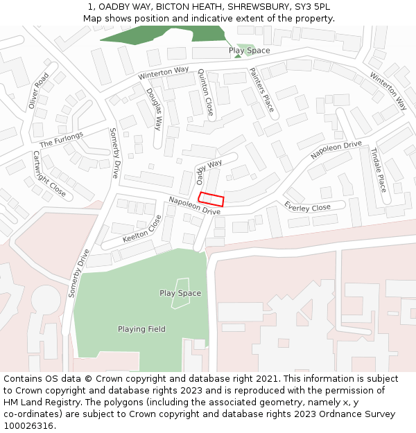 1, OADBY WAY, BICTON HEATH, SHREWSBURY, SY3 5PL: Location map and indicative extent of plot