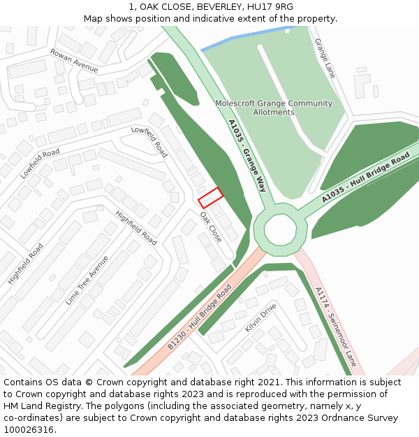 1, OAK CLOSE, BEVERLEY, HU17 9RG: Location map and indicative extent of plot