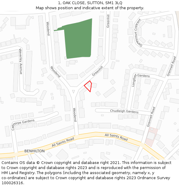 1, OAK CLOSE, SUTTON, SM1 3LQ: Location map and indicative extent of plot